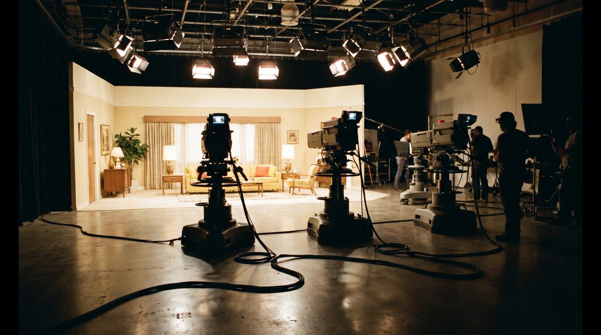 A multi-camera television studio with standing sets and cameras in position