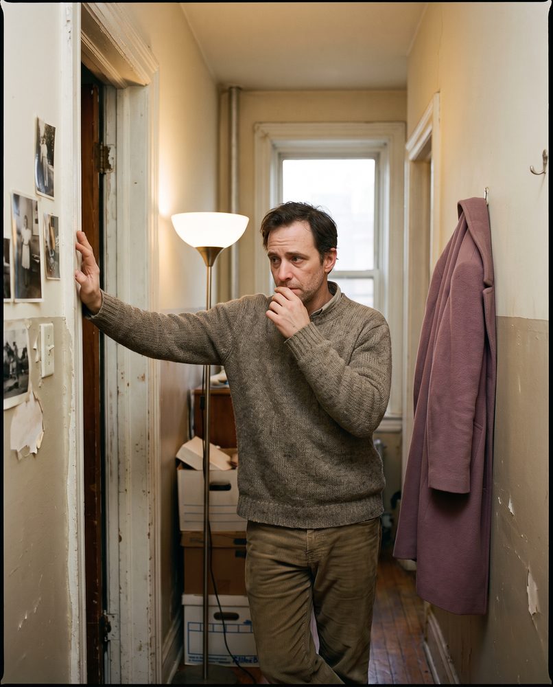 An actor pausing at a door frame before entering a room