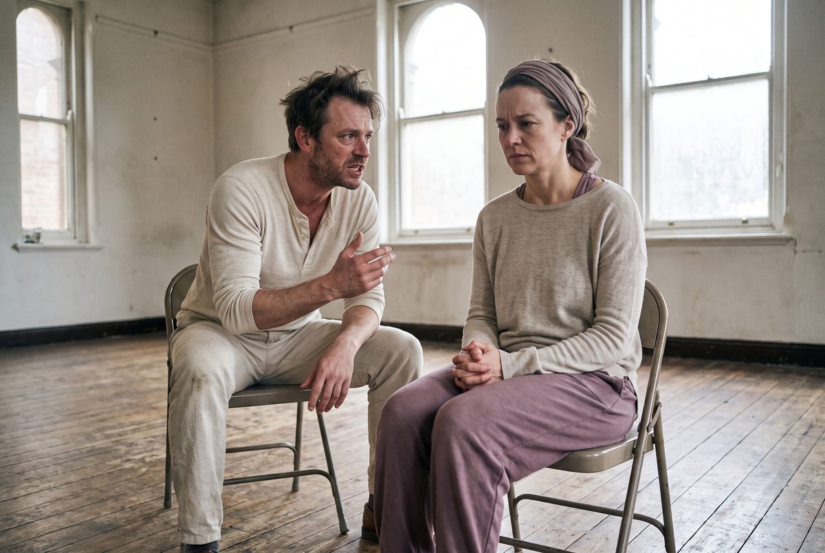 Two actors mid-scene on plain chairs in a bare rehearsal room