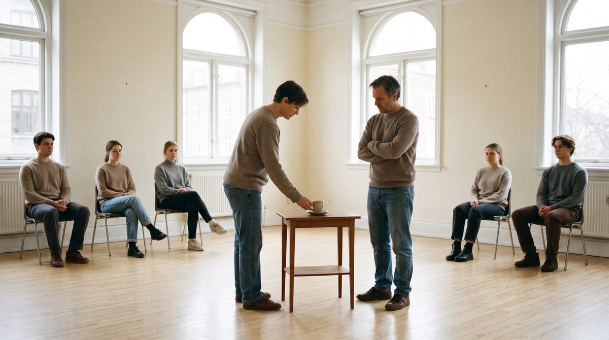 Two adult students working a simple domestic exercise in an acting studio while others watch
