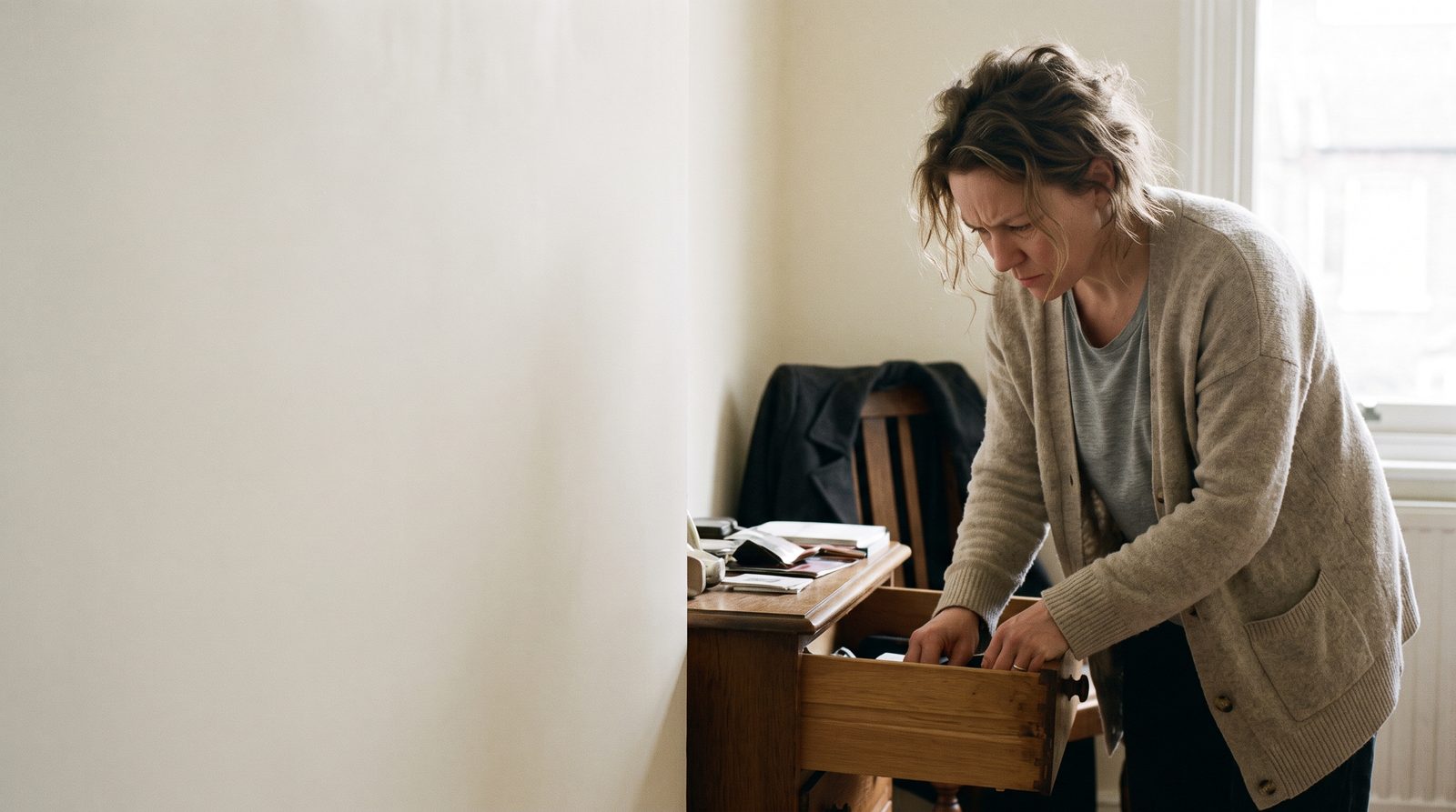 A woman alone in a small apartment room, searching through a drawer, caught in an ordinary private moment