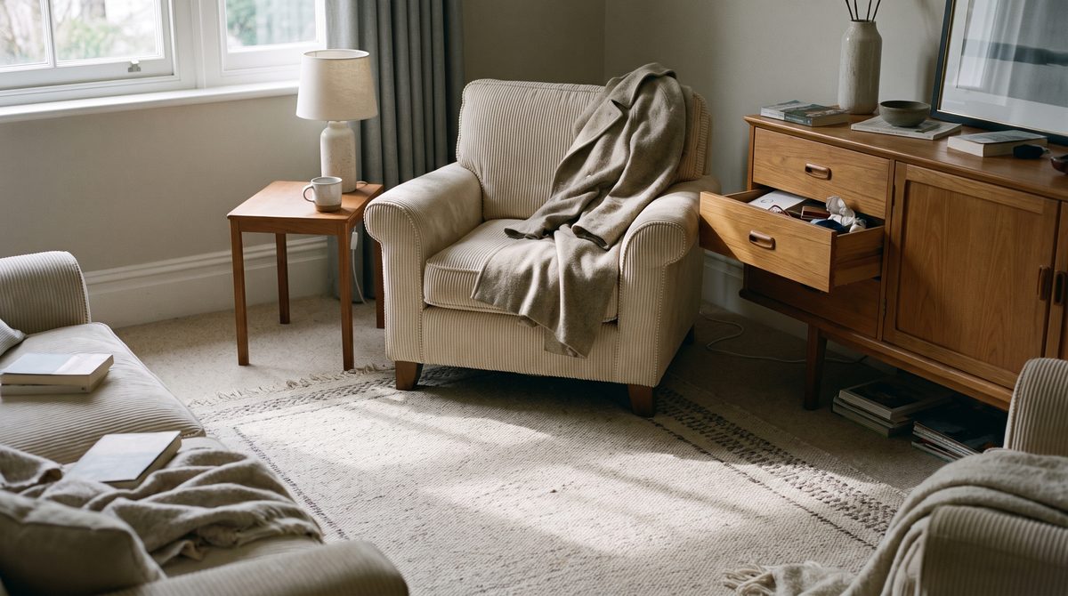 A small ordinary sitting room with a coat over a chair and a half-open drawer