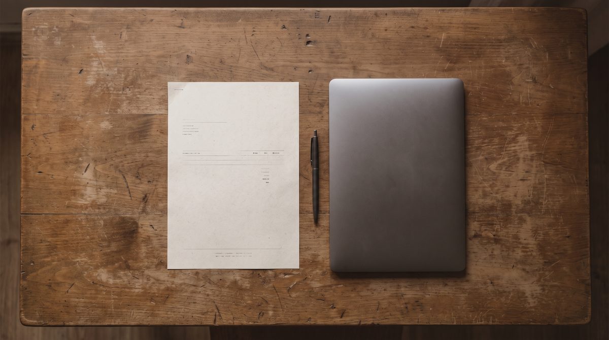 A printed acting CV on a desk beside a laptop and a pen