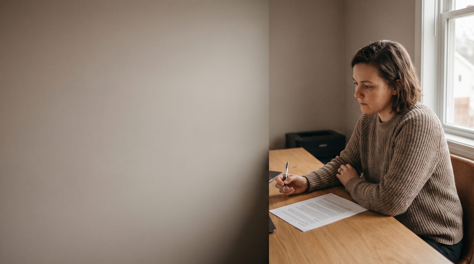 An actor at a desk looking at a printed CV with a pen in hand