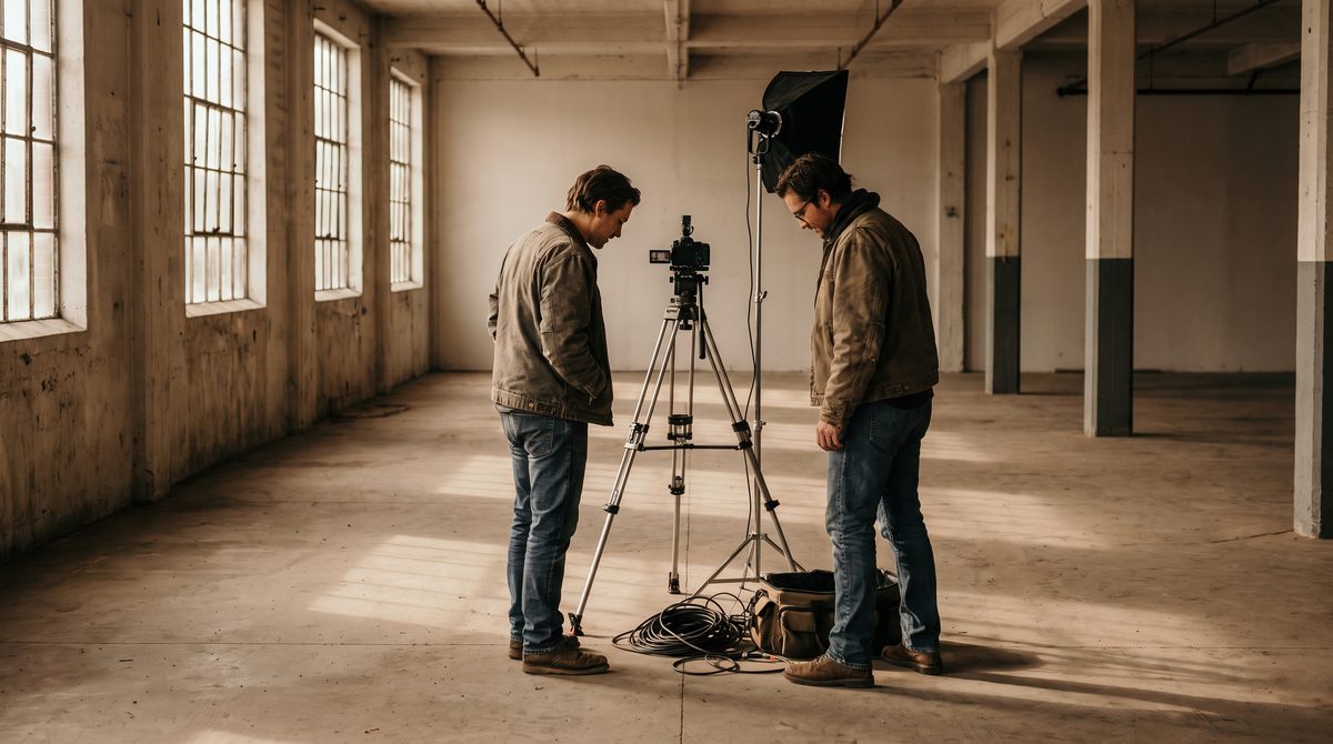 A film crew waiting on set beside equipment while a scene is prepared