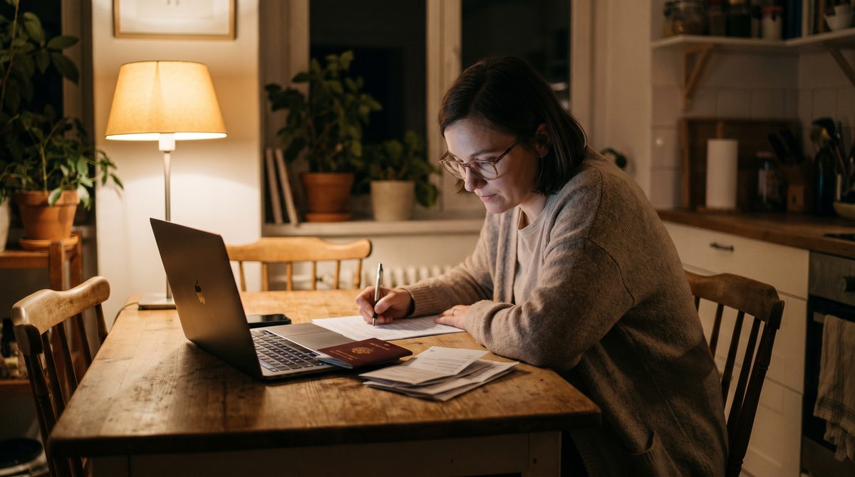 A person filling in a form at a kitchen table with a passport and documents beside a laptop