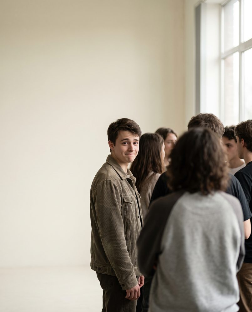 A young actor hesitating at the edge of a studio group before joining in