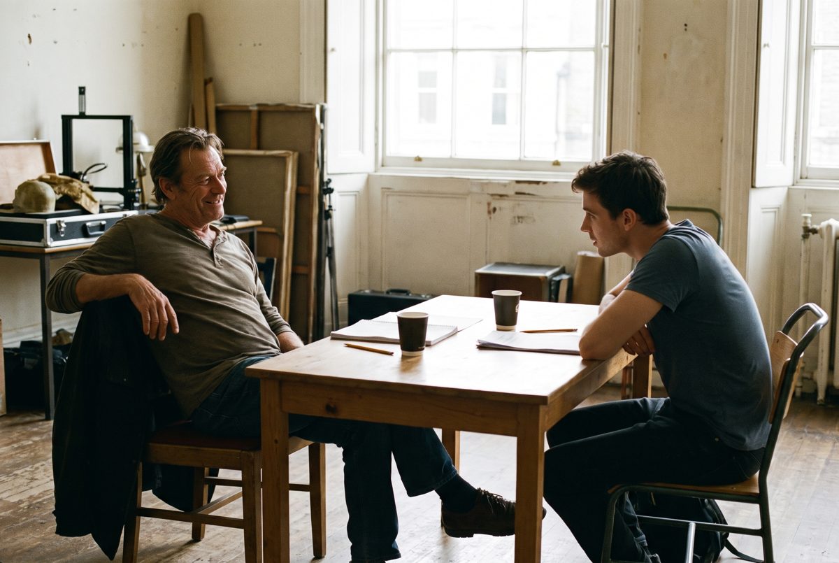 Two actors facing each other across a table, one relaxed and one deferential