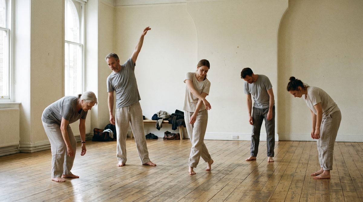 Adult actors working on movement quality across a bare studio floor