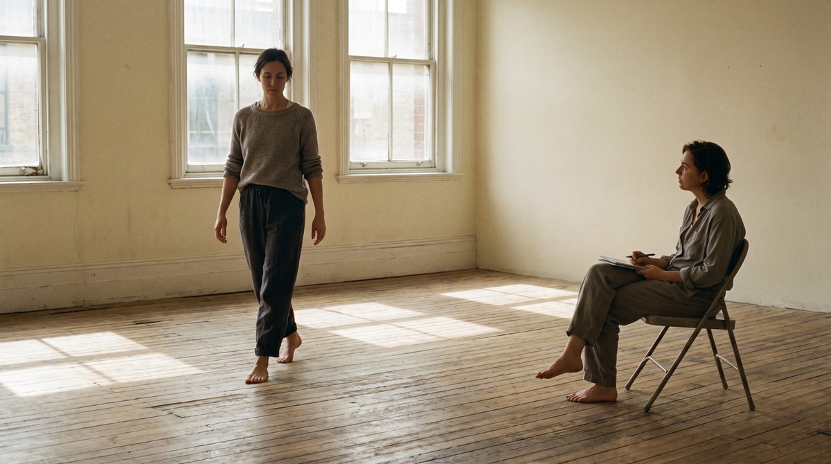 An actor walking across a studio floor, another watching from the side