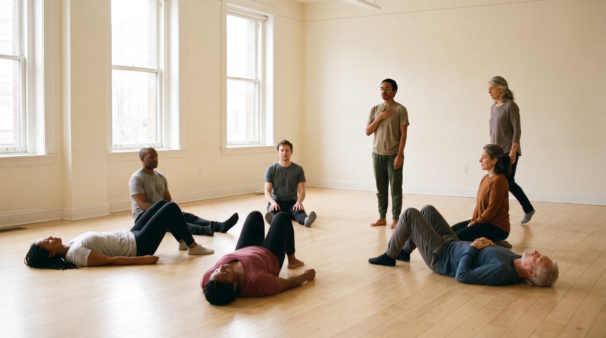 A voice class working together in a bright studio, some standing and some on the floor