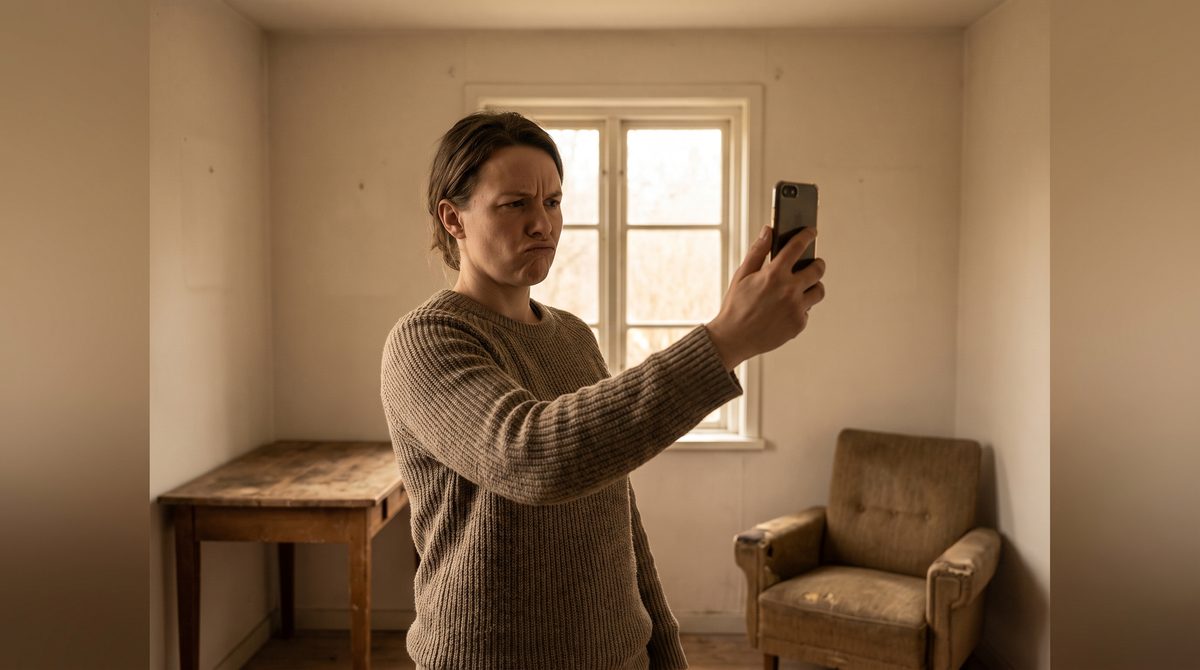 A person holding a phone at arm's length looking at the screen with a doubtful expression