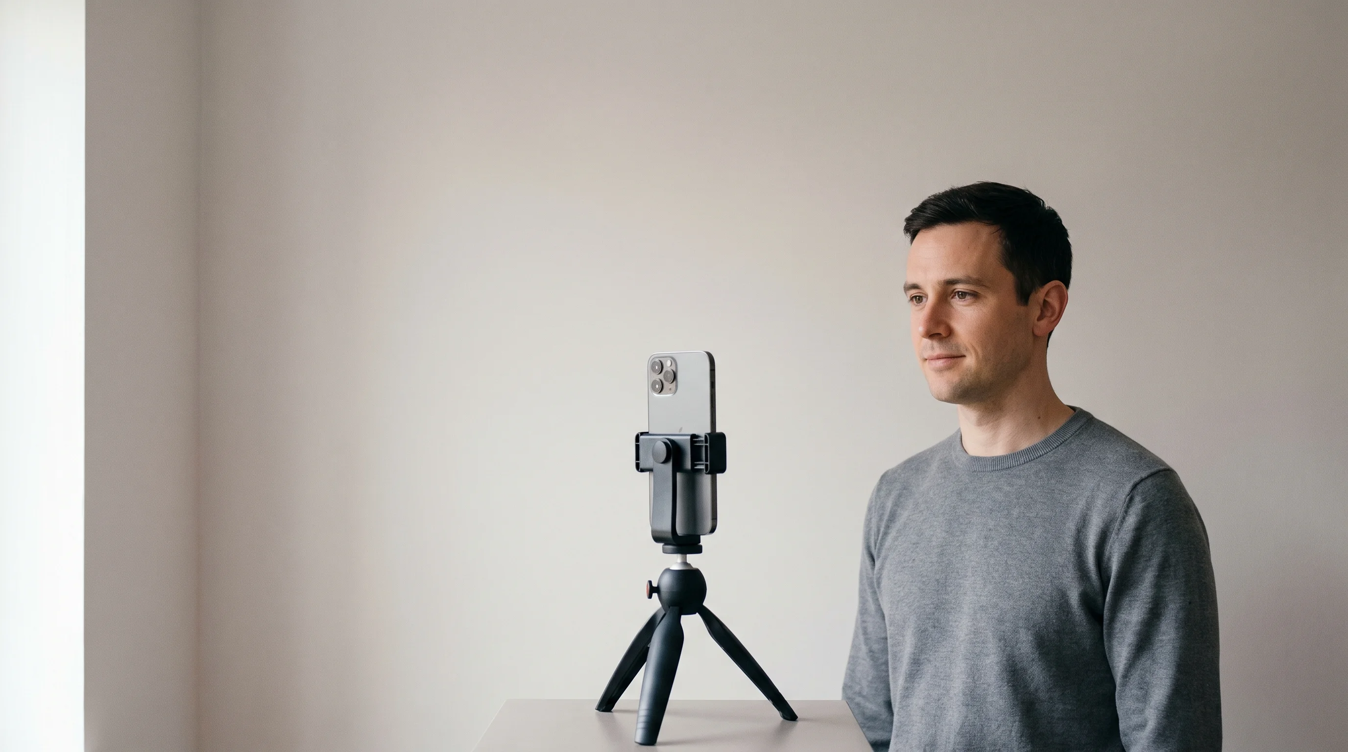 An actor photographing his own headshot with a phone on a small tripod in a bright room