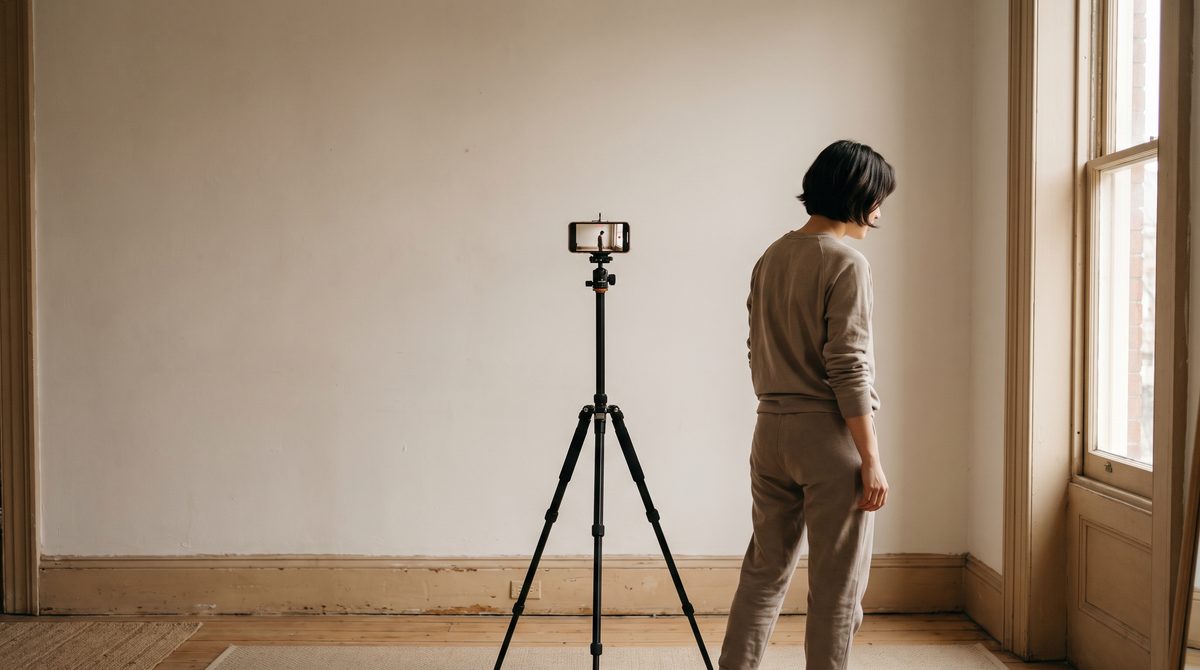 A phone on a tripod at eye height facing a person standing near a bright window