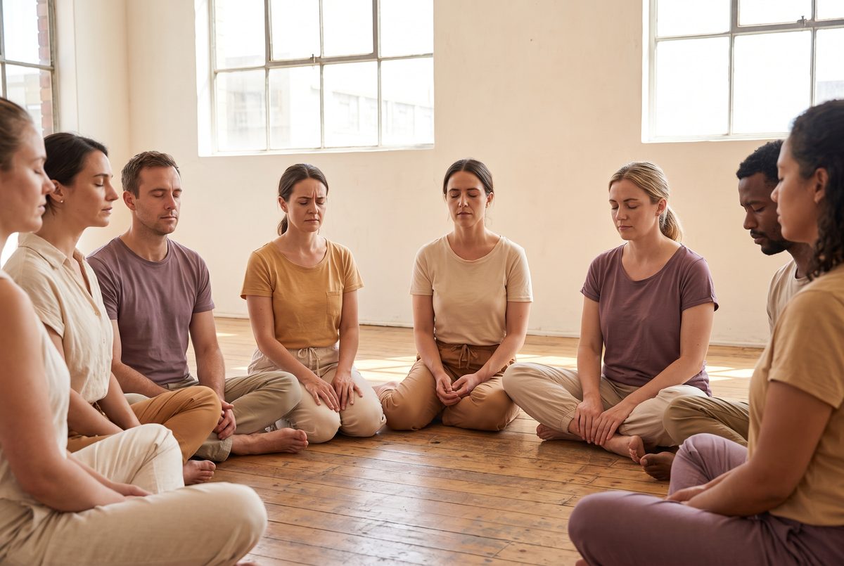 A drama class sitting in a circle, each student absorbed in a different inner experience