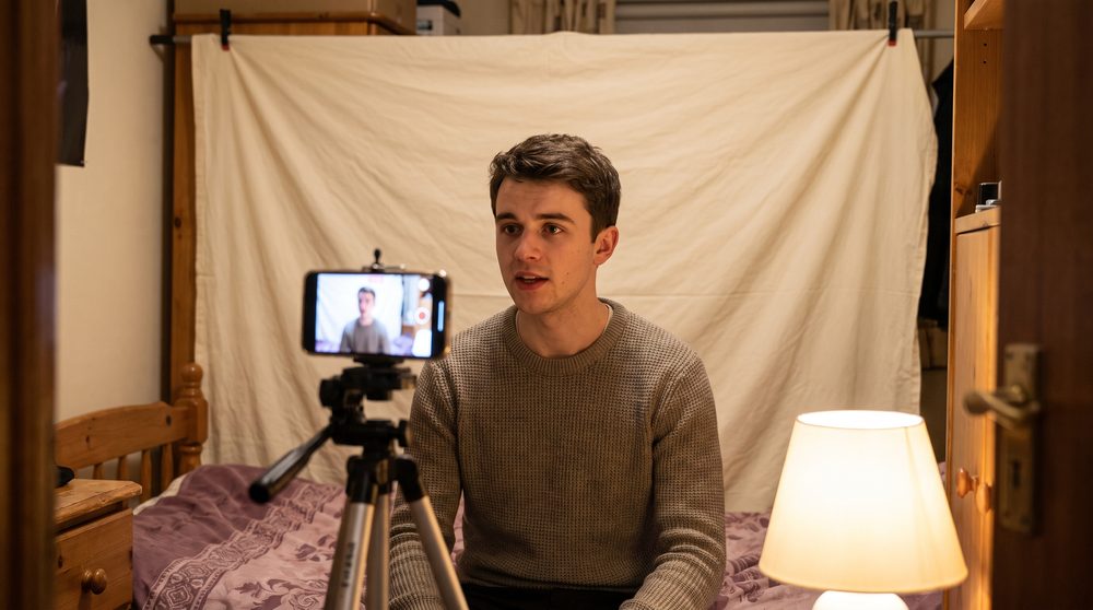 An actor filming a self-tape alone in a bedroom, looking just past the lens