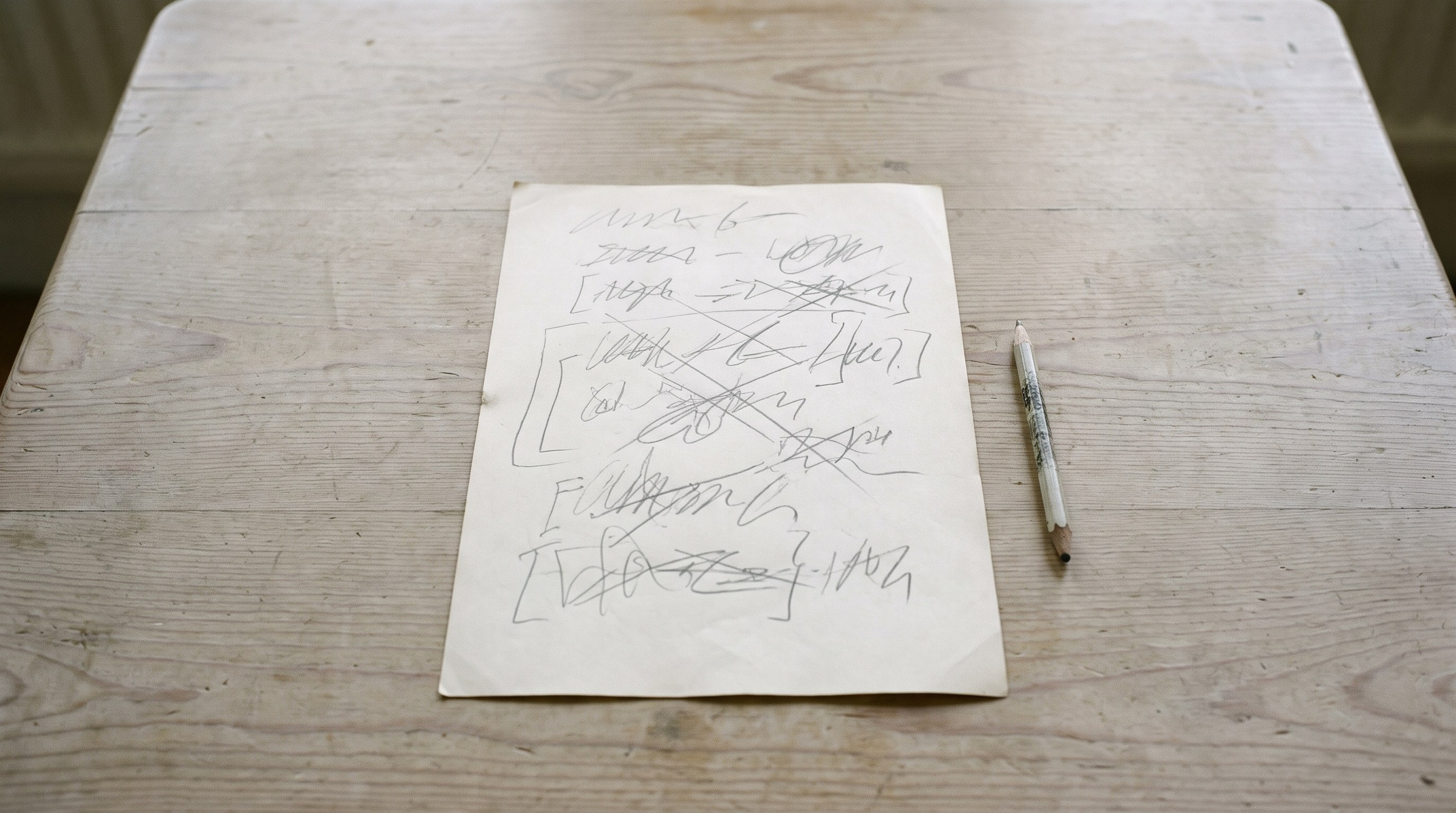 A single loose sheet of paper on a table marked over in soft pencil, a blunt pencil resting beside it