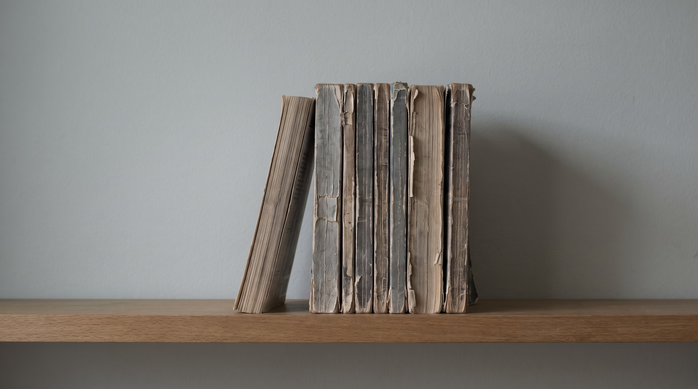 A short row of well-worn paperback playtexts standing on a plain shelf