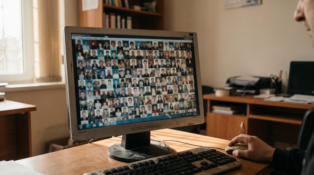 A screen showing a dense grid of small portrait thumbnails with a cursor hovering over one