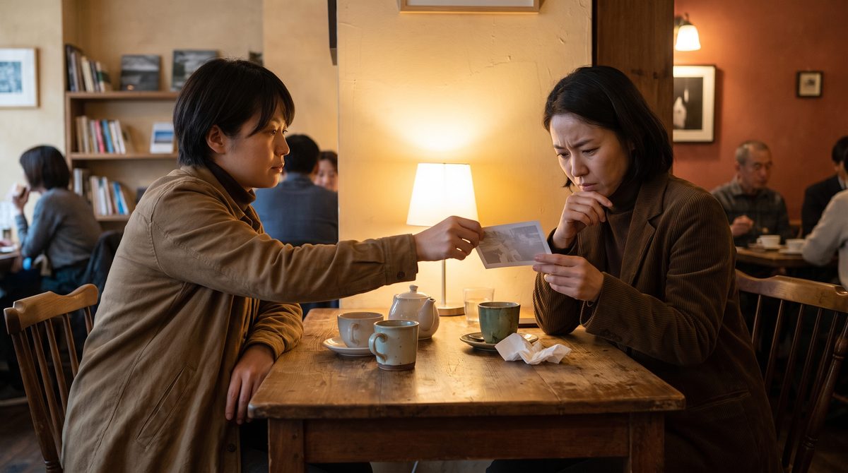 One person handing a printed photograph across a table to another, who examines it