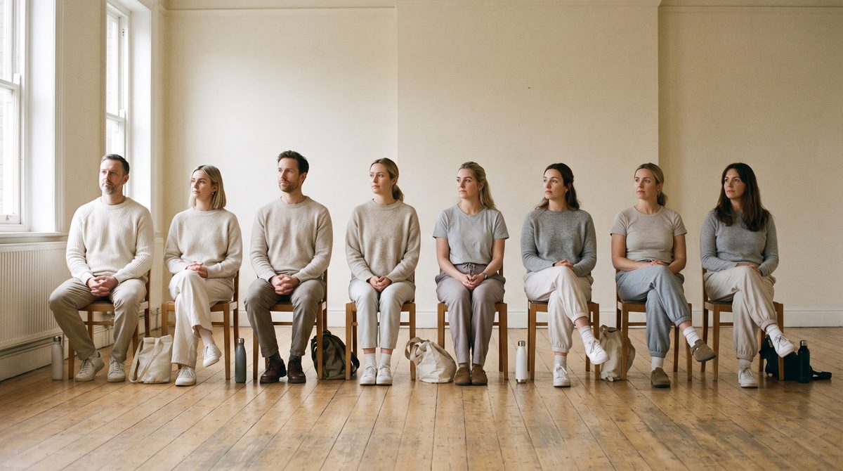 A small acting class watching two students work together in a bright studio