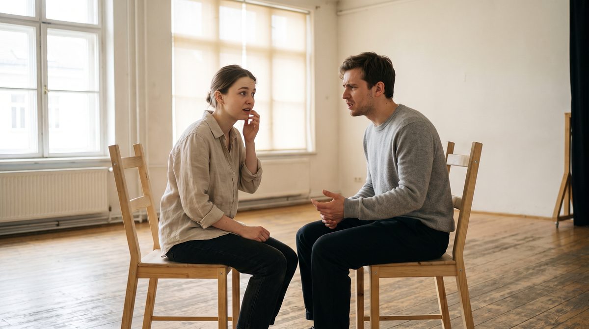 Two actors sitting facing each other on plain chairs in a studio, mid-exchange