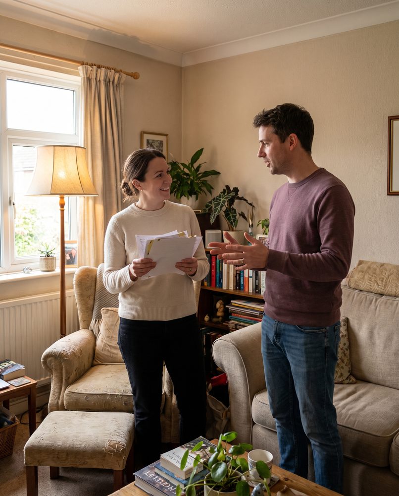 Two people running a scene together in an ordinary living room, script set down