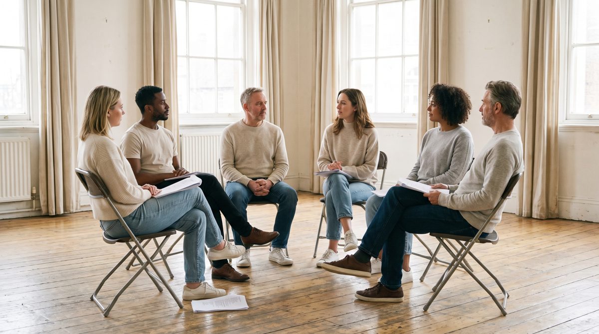 A small acting class sitting in a circle of chairs in a bright studio, talking calmly