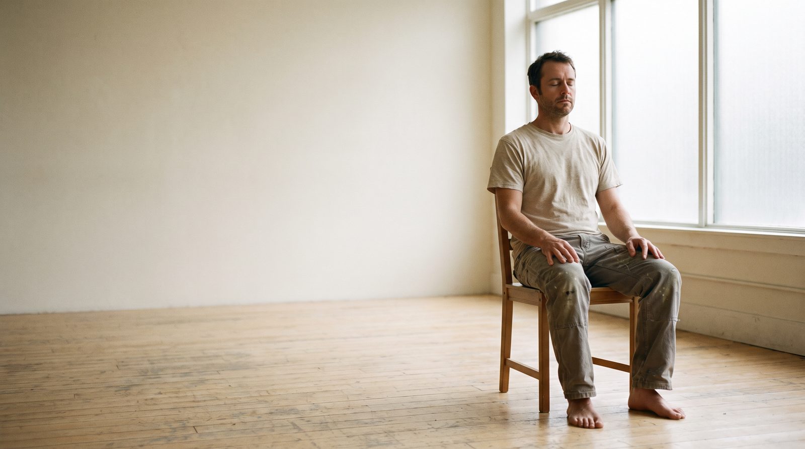 An actor sitting alone and still on a plain wooden chair in an empty studio