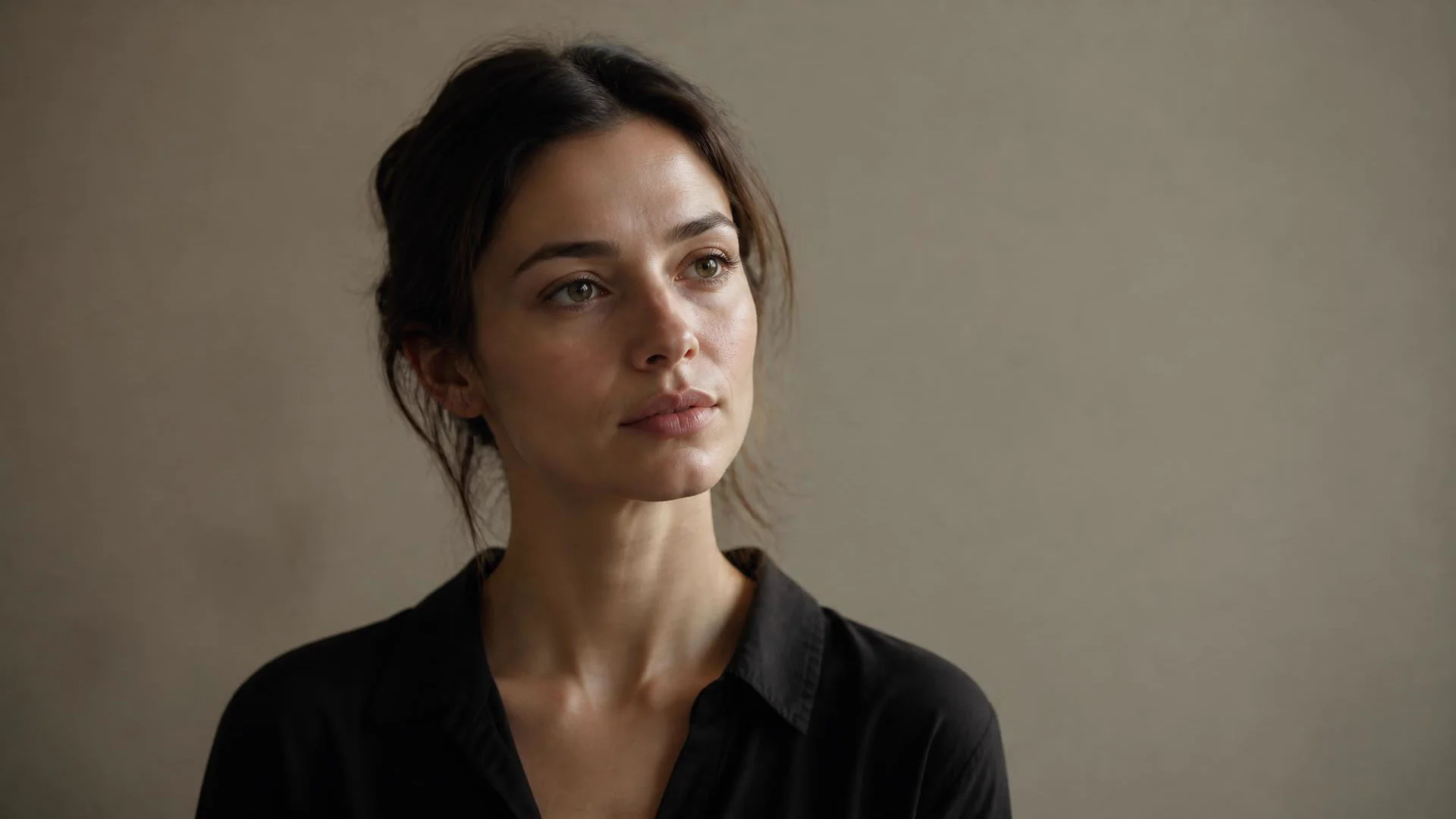 An actor listening in a chest-up frame, neck long and shoulders settled