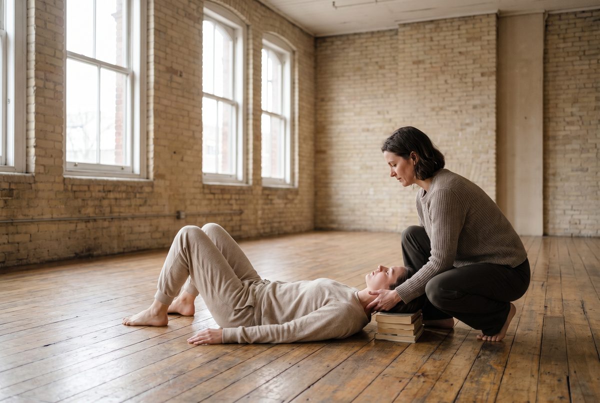 An actor lying in semi-supine constructive rest while a teacher guides the neck
