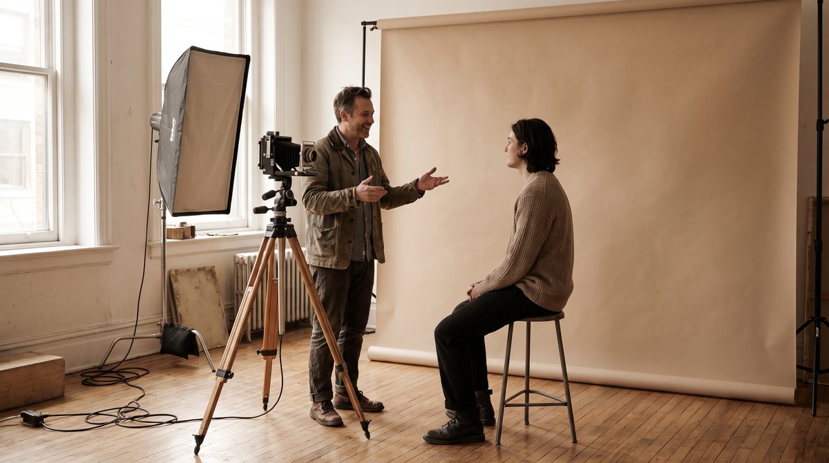A photographer talking to an actor during a headshot session in a bright room