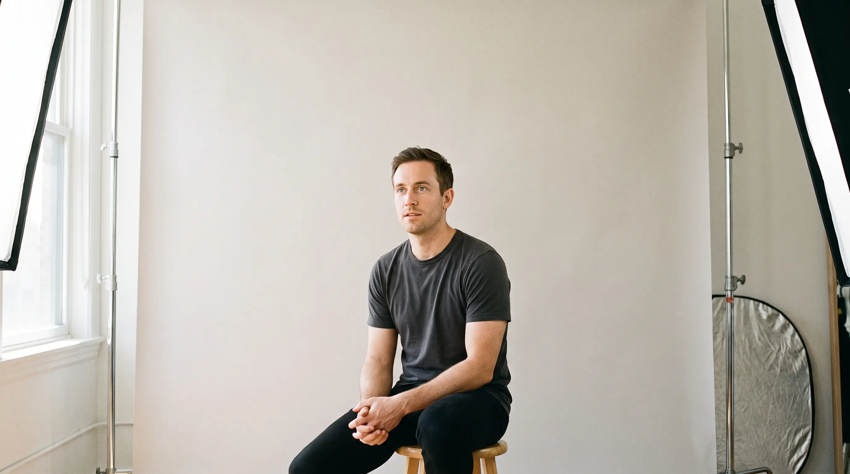 An actor sitting still on a stool in a bright studio during a headshot session