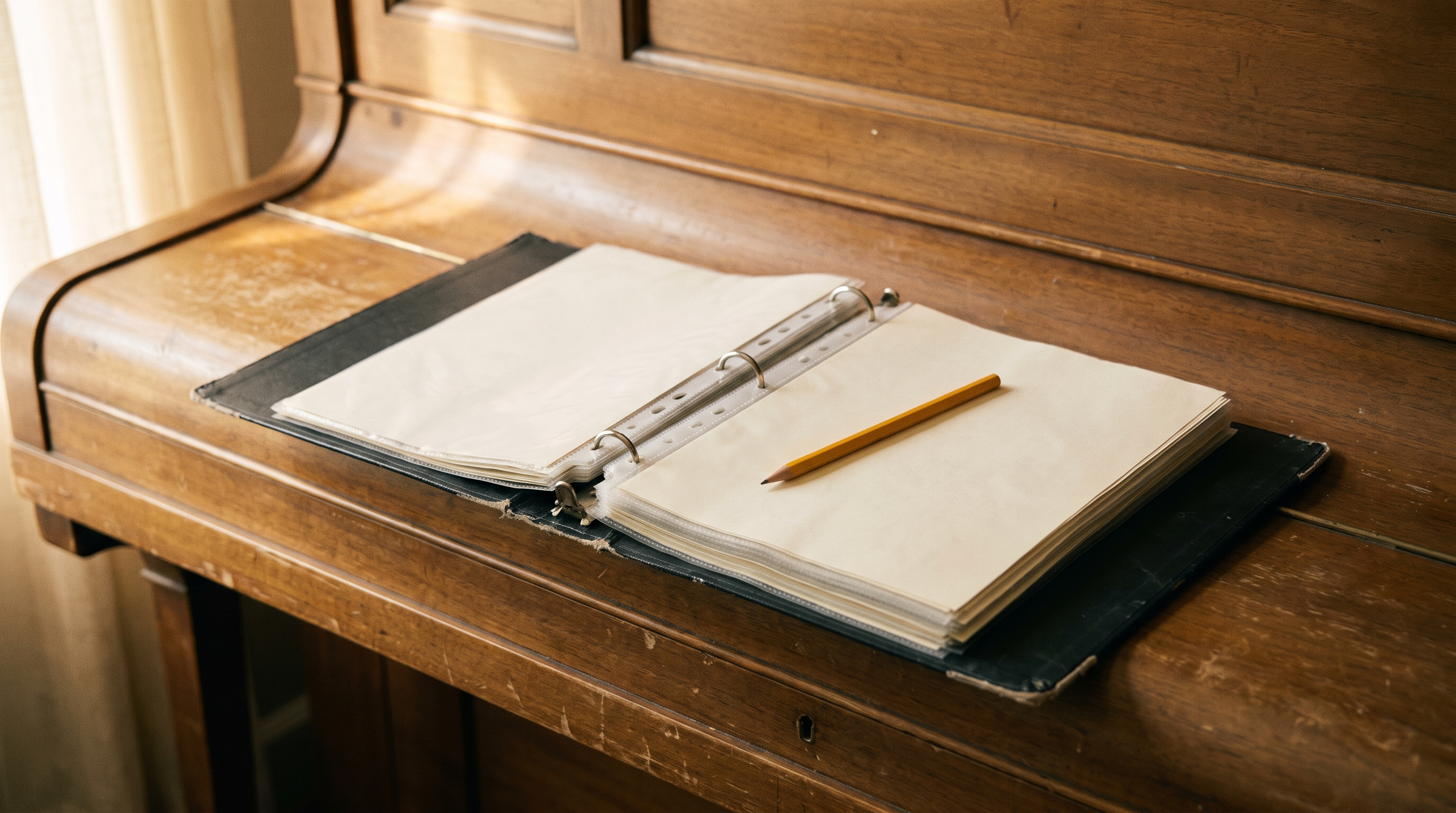 A black ring binder lying open on a piano lid with blank pages and a pencil