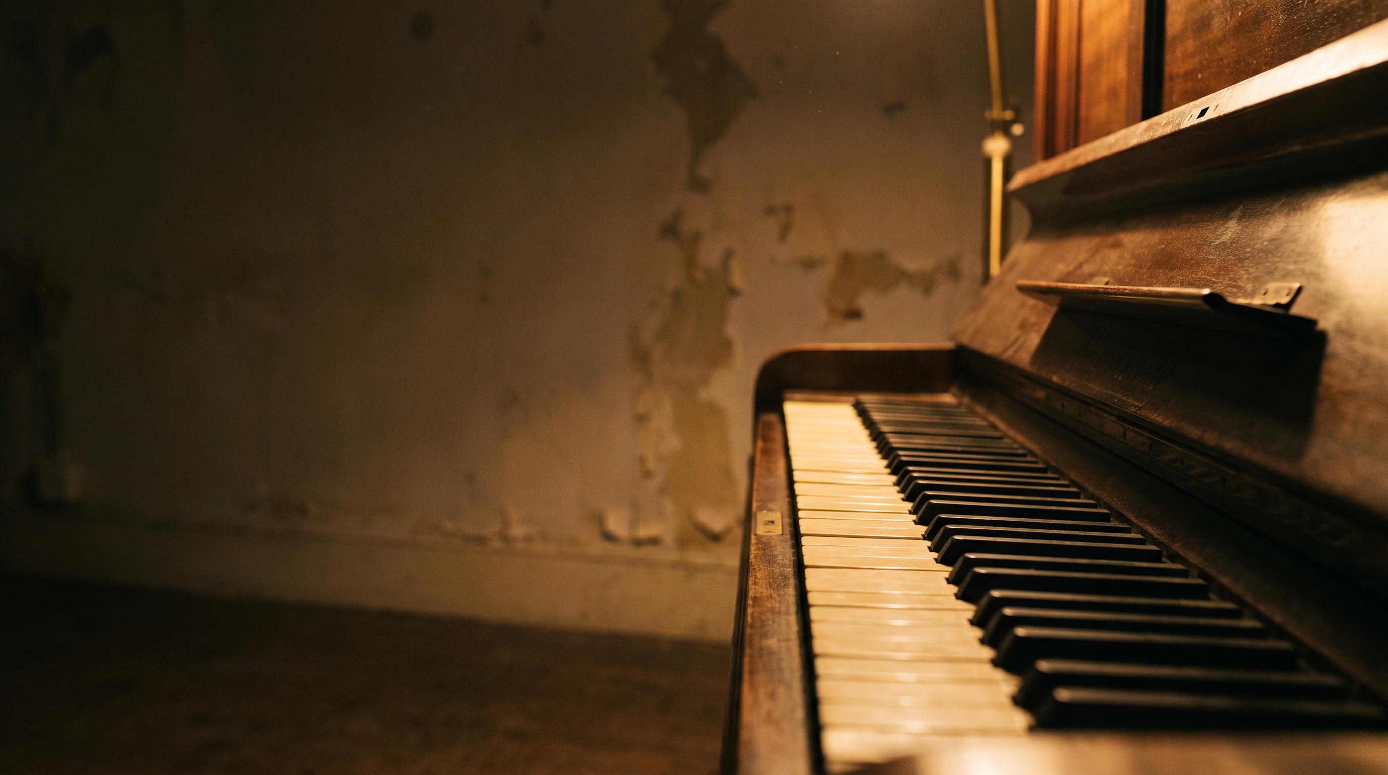 A close view along the keys of an upright piano in a dim rehearsal room