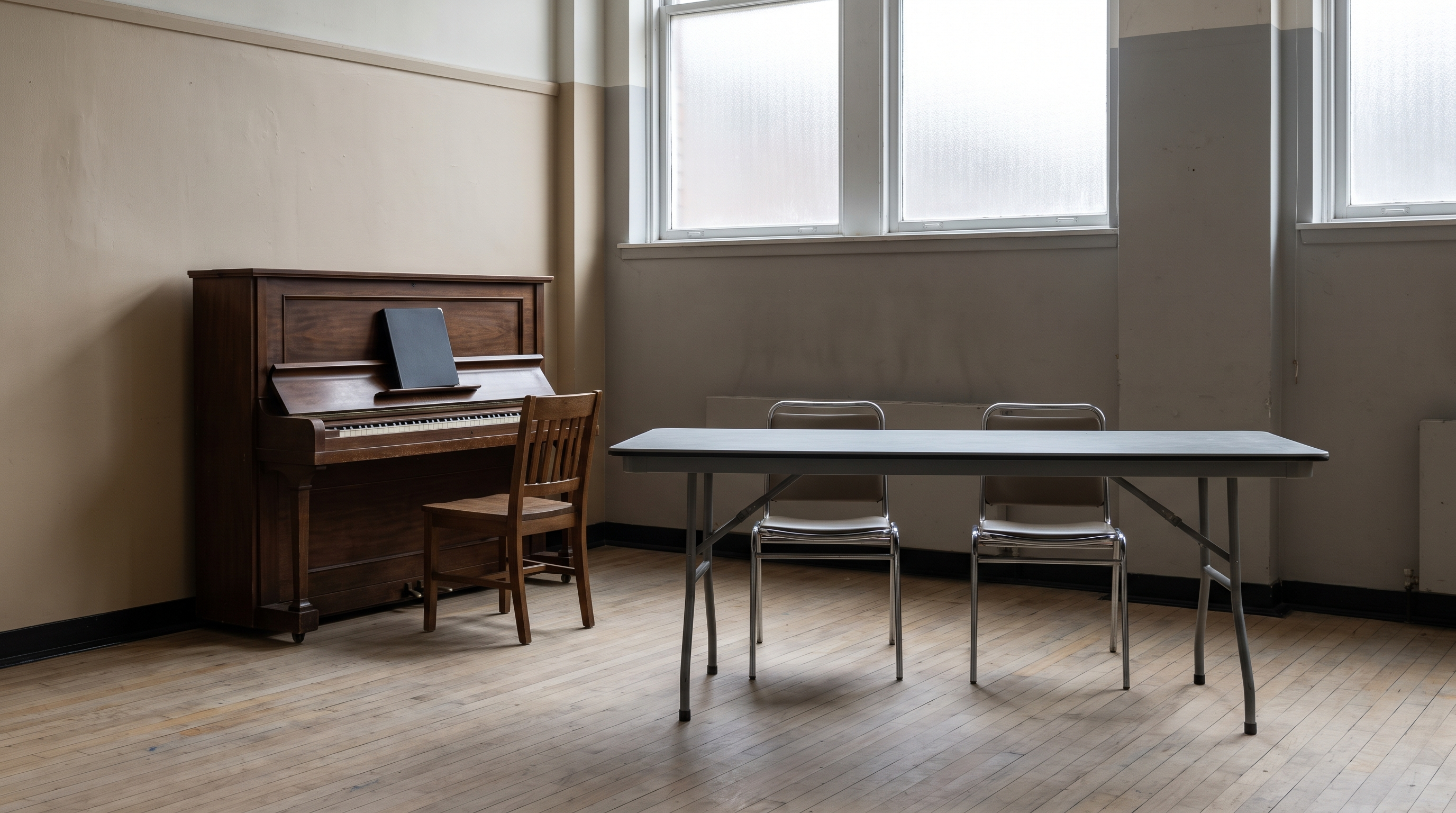 An empty rehearsal room with an upright piano, a chair and a folding table