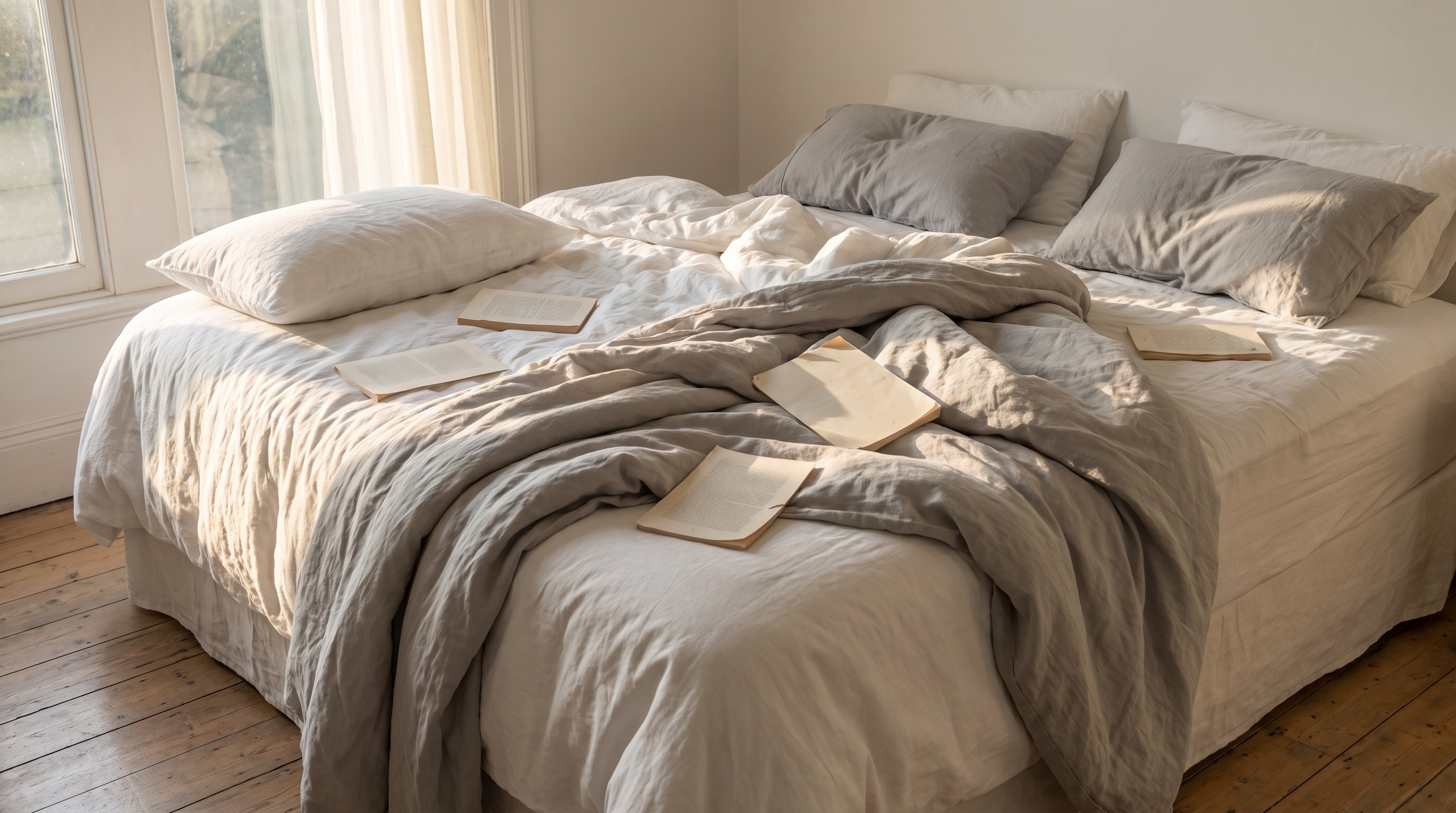 An unmade bed with loose paper pages lying face down on the covers in early morning light