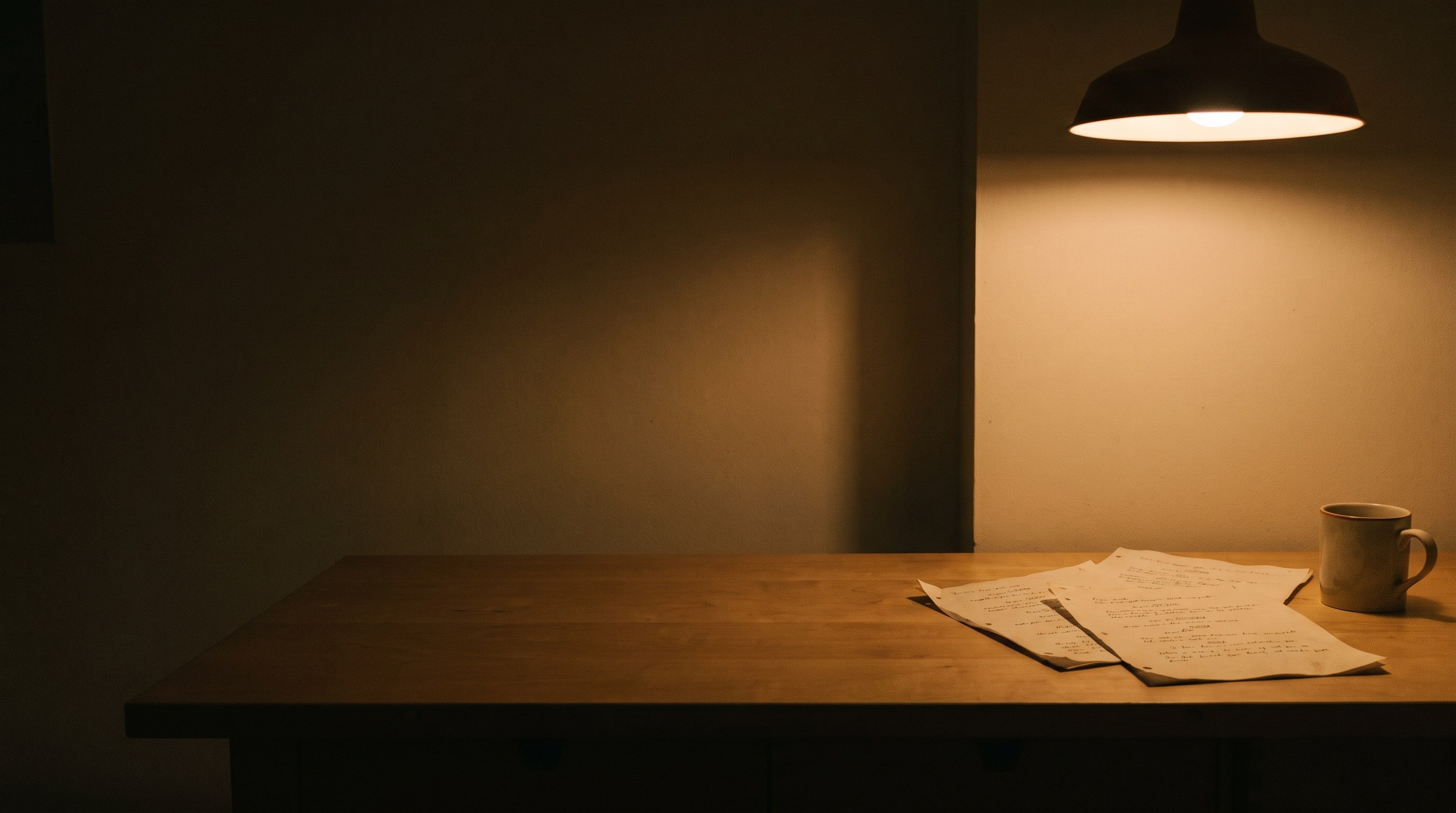 Loose script pages on a plain kitchen table at night under a single warm lamp