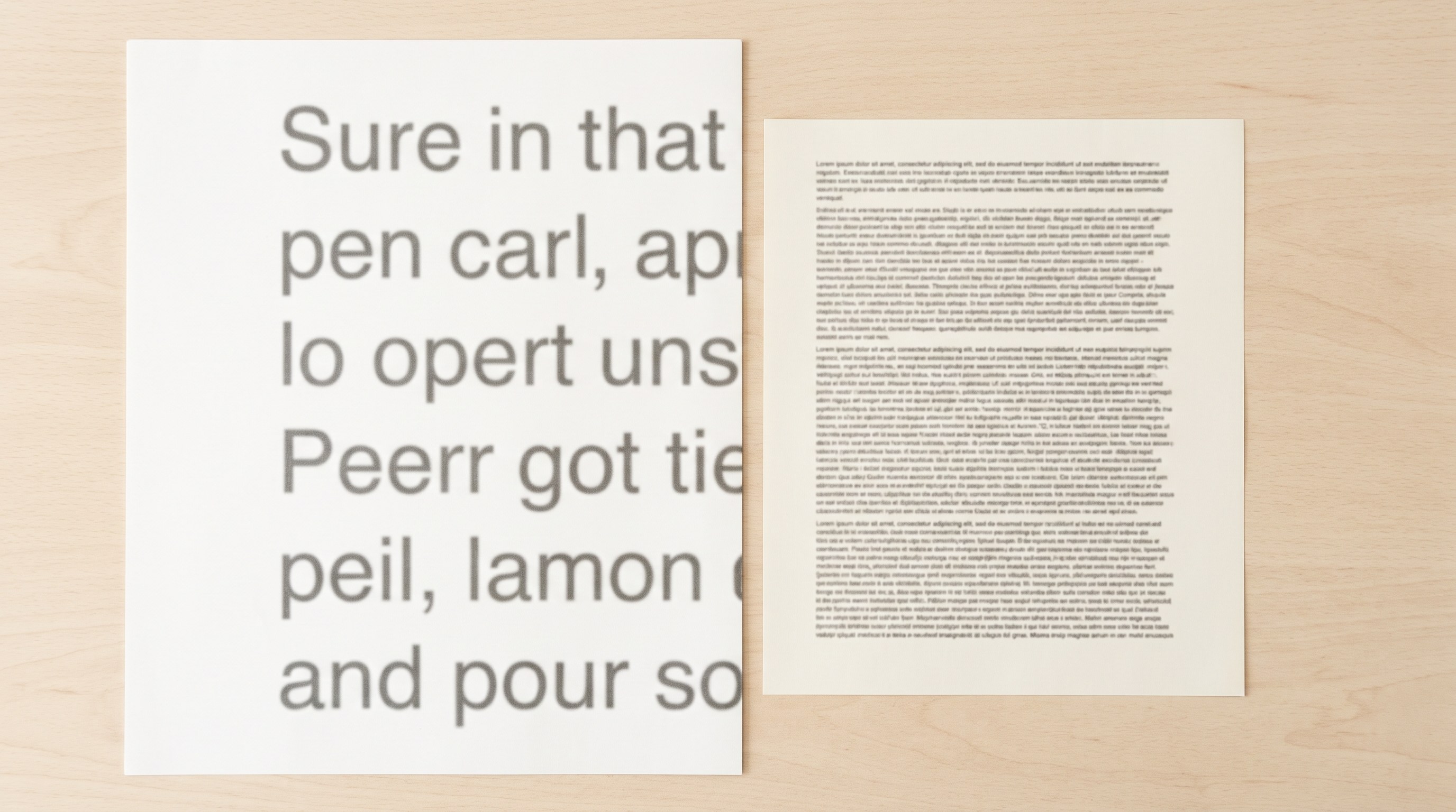 A printed page set in large widely spaced type beside a second page of ordinary dense small print