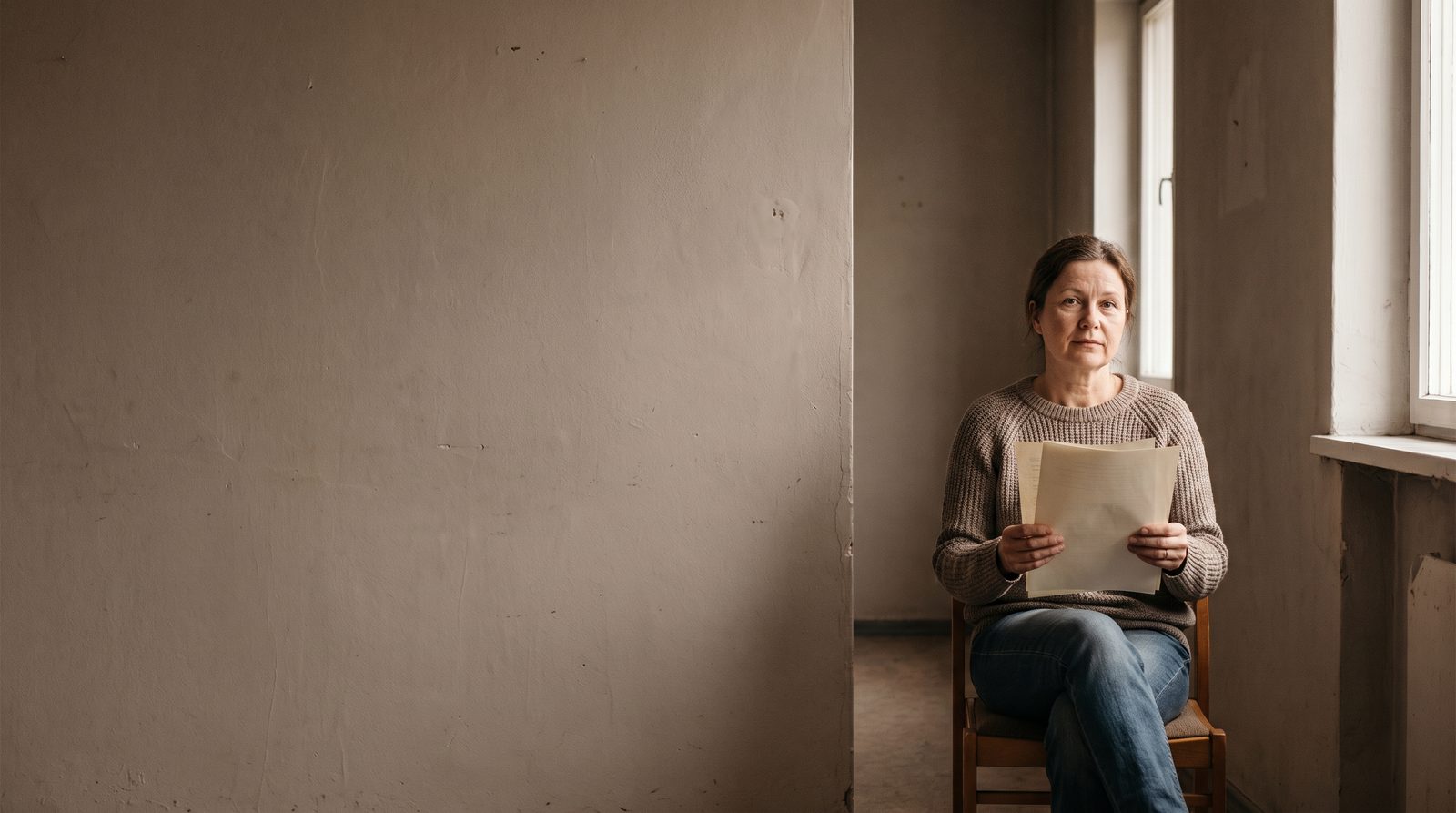 An actor waiting alone in a corridor outside a casting room, holding script pages