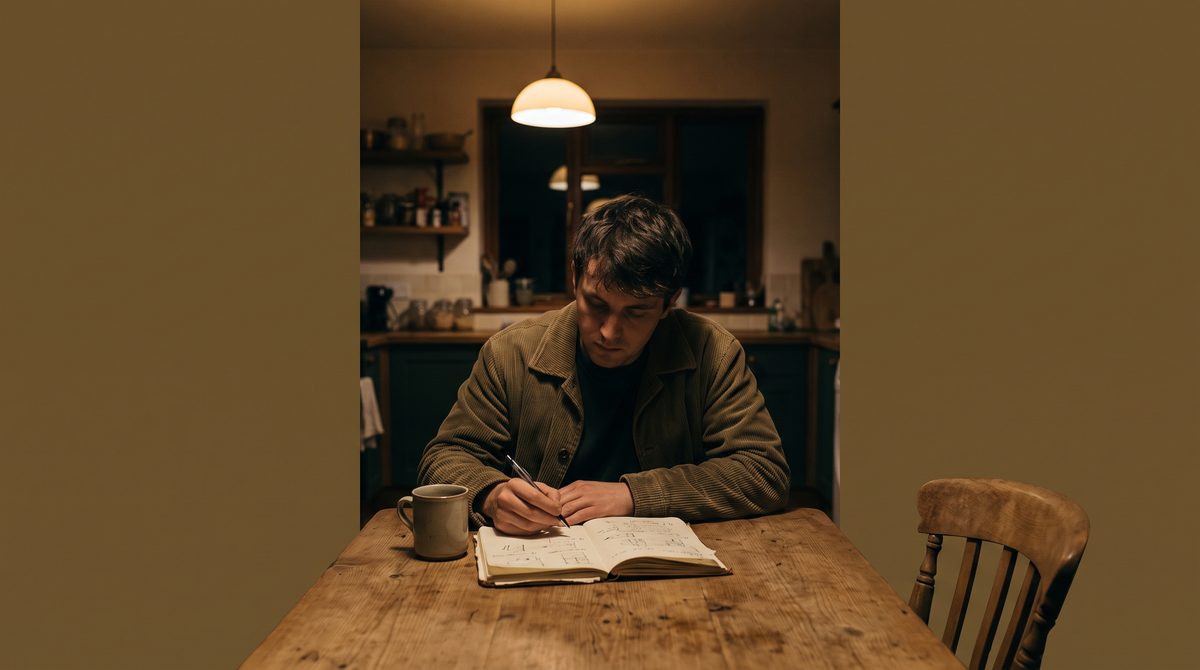 A person writing in a notebook at a kitchen table in the evening beside a closed laptop