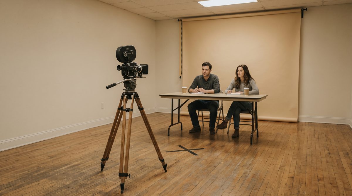 A casting room with a camera on a tripod and two people watching from behind a table
