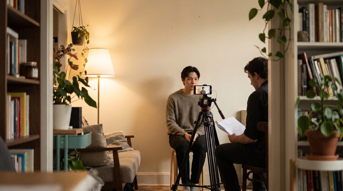 An actor filming a self-tape at home with a reader sitting beside the camera