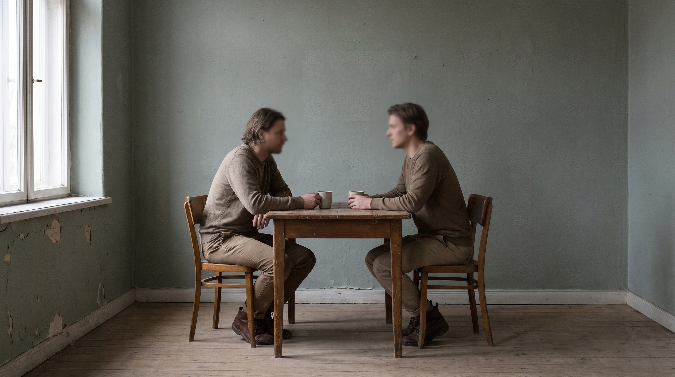 Two people sitting across a small table mid-conversation with mugs between them