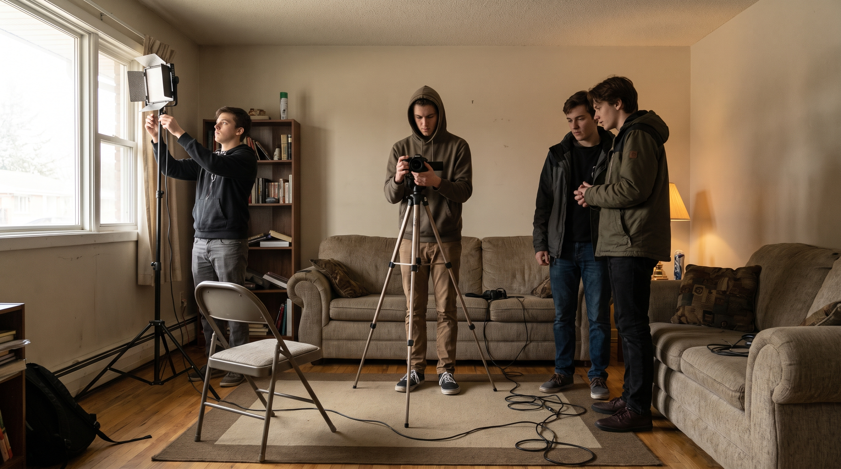 A small student film crew of four people working with a camera and a light in a modest room