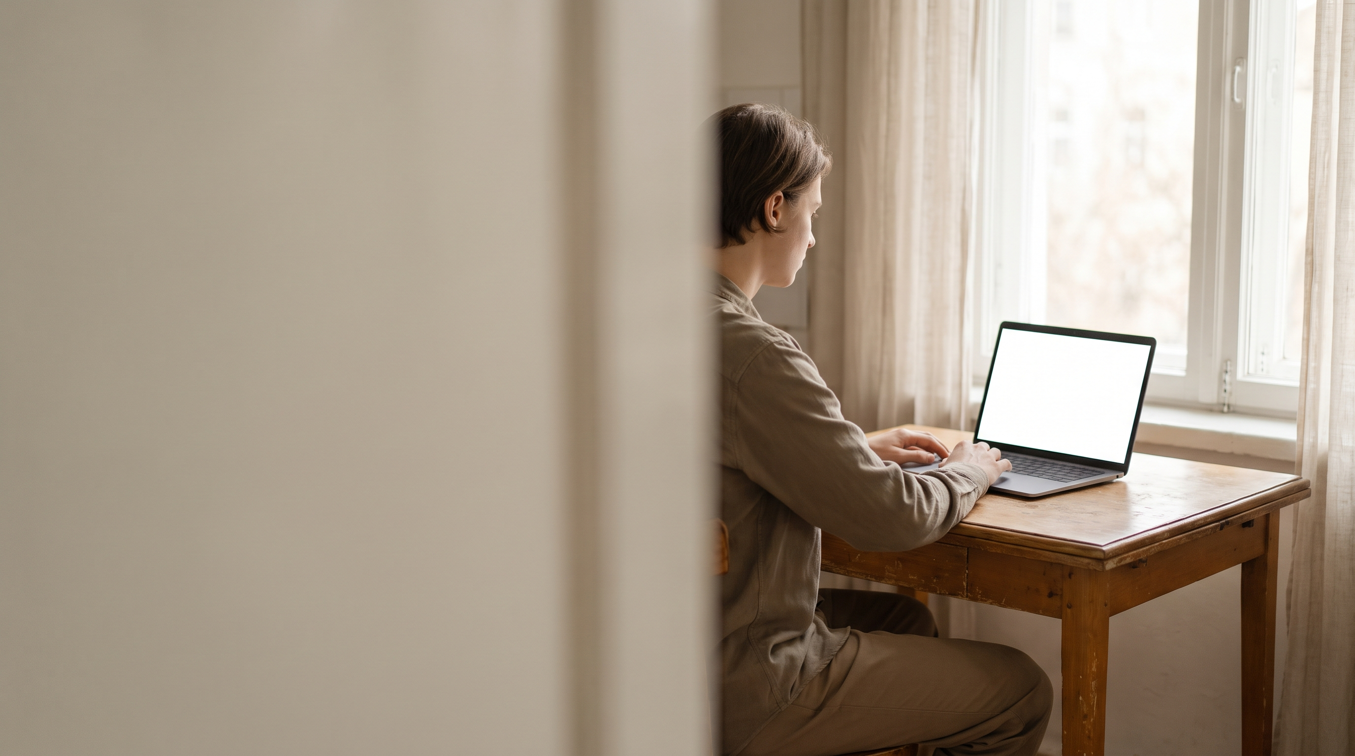 A young person sitting at a kitchen table with a laptop showing a blank page