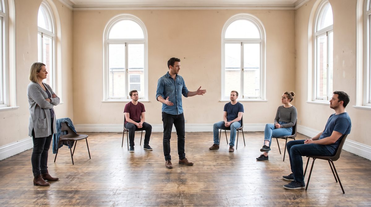 A small acting class in a plain studio, one actor working while others watch
