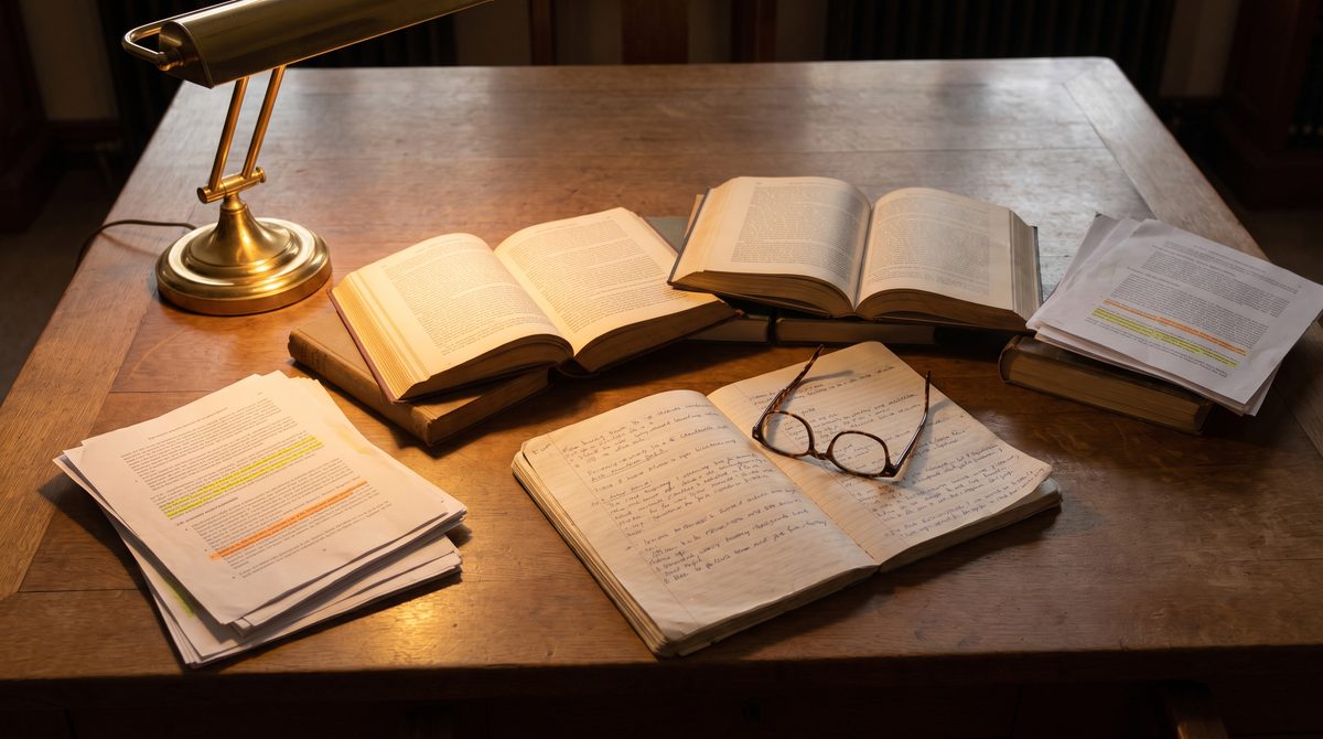 A desk covered with open books, highlighted academic papers and handwritten notes