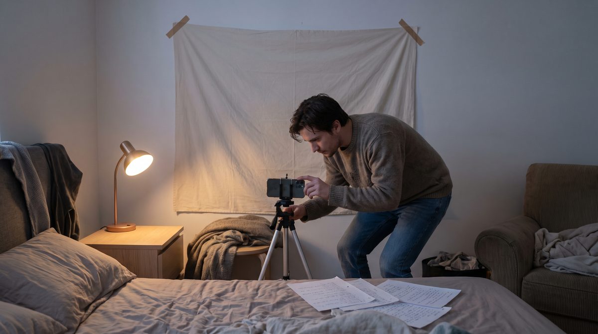 An actor alone in a bedroom setting up a self-tape with a phone on a tripod