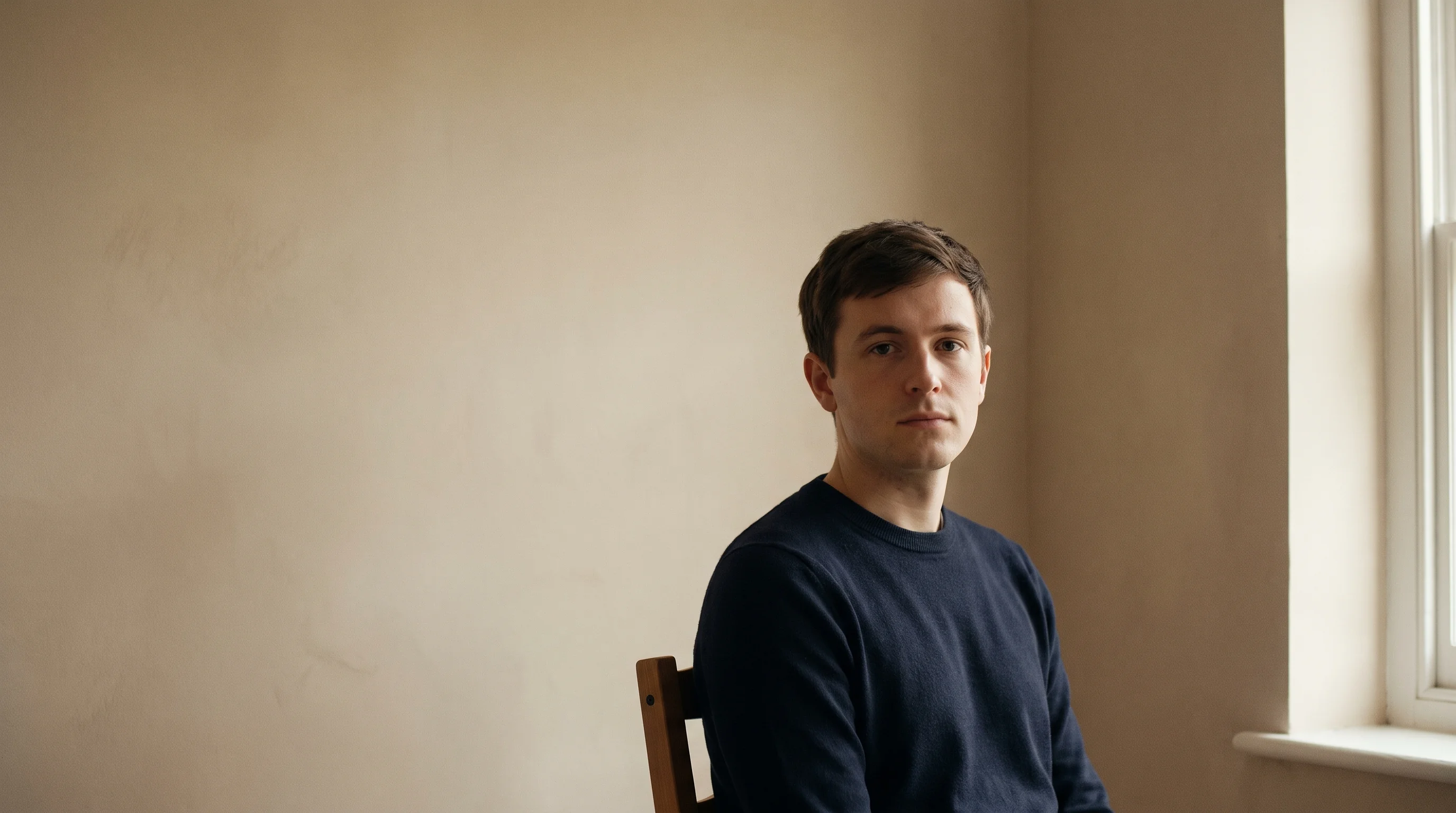 An actor sitting still on a chair, attention fixed on an unseen scene partner
